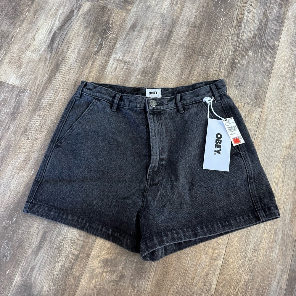 NWT! Obey”Sheep” Embroidered Back Pocket Black Wash High-Rise Denim Shorts - Picture 2 of 6
